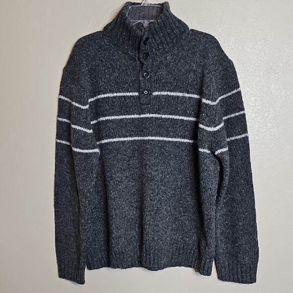 NWT Banana Republic Tweed Grandpa Wool Stripe Men's Gray Henley Sweater XXL - Picture 2 of 9